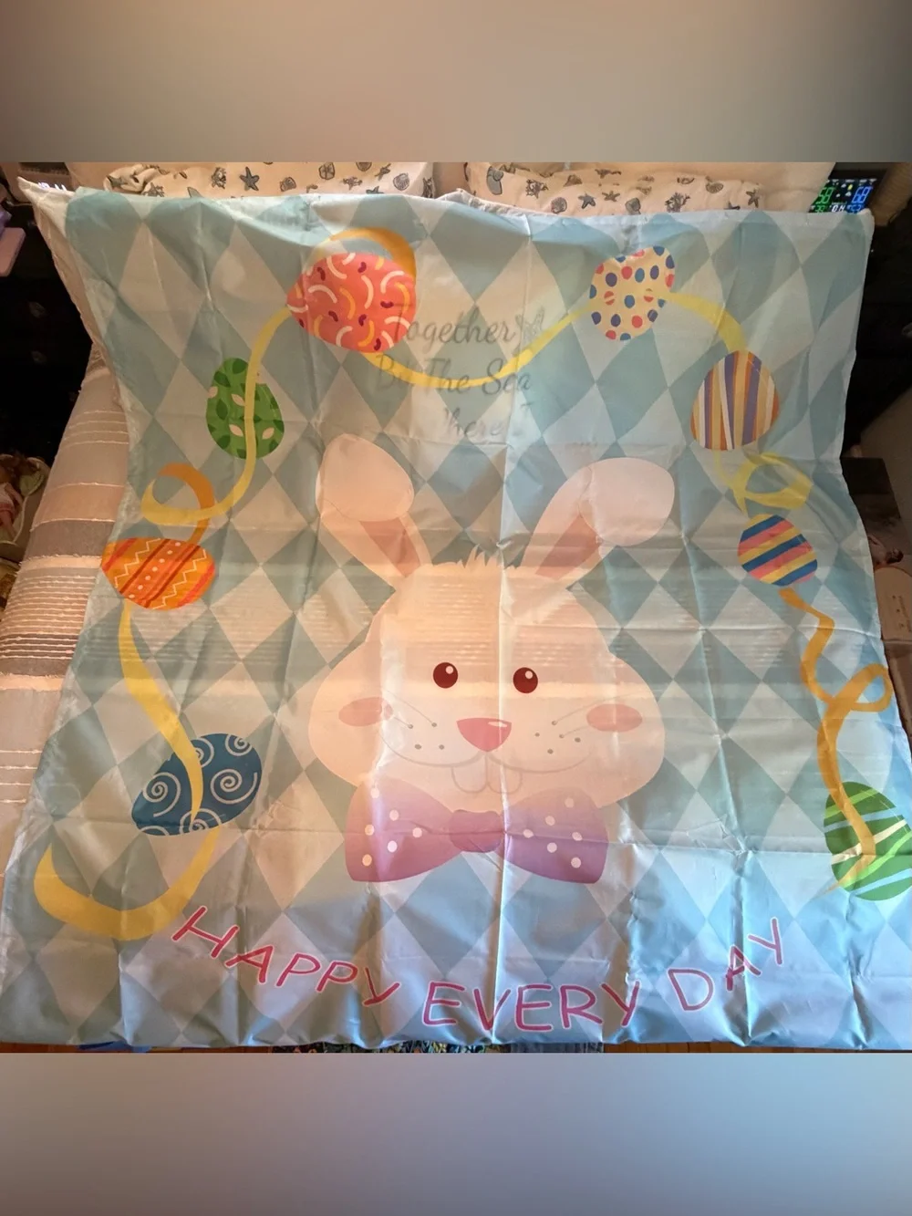 Playful Bunny Shower Curtain with Pastel Blue Diamond Background